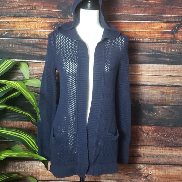 Talbots Medium Petite Open Hooded Loose Knit Cardigan Sweater Navy Blue Cotton - Picture 6 of 8